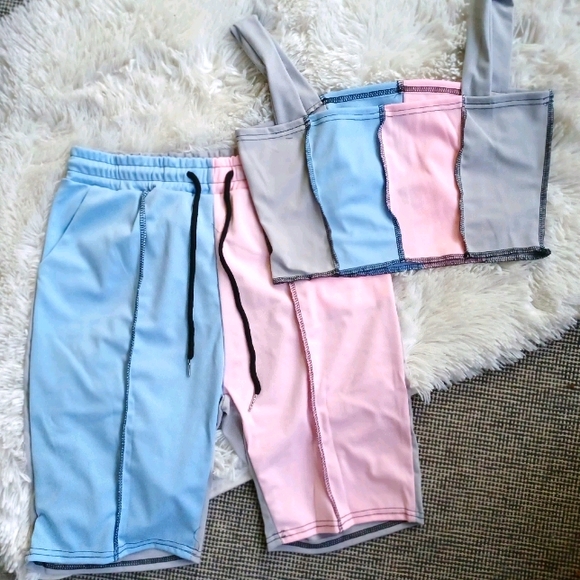 Pink/Blue and Grey-Color Block Short Set - Picture 2 of 4